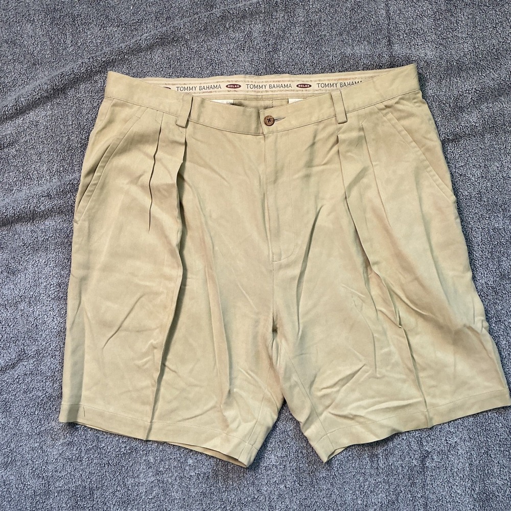 Tommy Bahama Relax Mens 38 Tan 100% Silk Pleated Herringbone Shorts Khaki 917